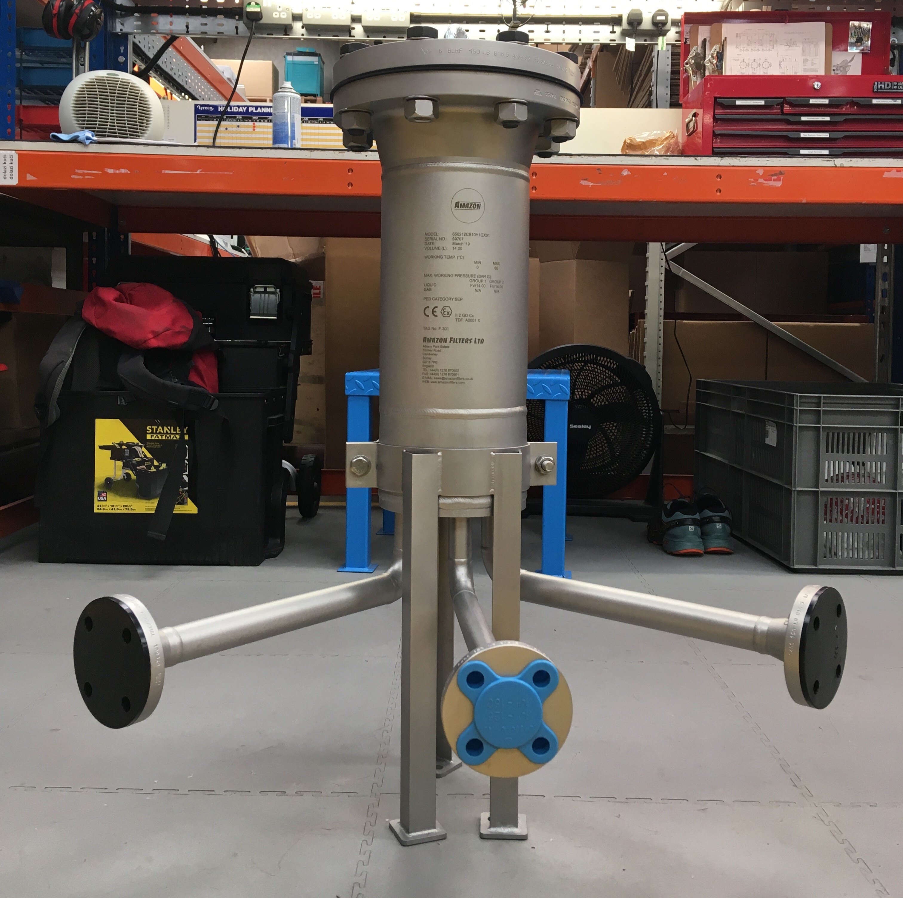 65031 Cartridge filter housing for Radioactive water circuit, ready for shielding, PD5500. Construction 316L, 3 x 10” DOE 